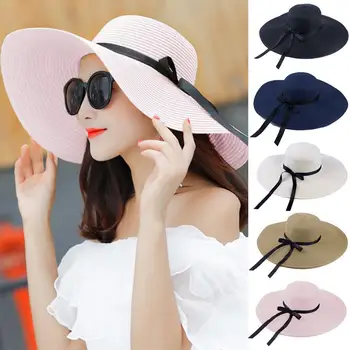חדש פשוט מתקפל שוליים רחבים, תקליטונים בנות כובע קש כובע השמש חוף נשים קיץ כובע UV להגן על נסיעות כובע ליידי דלי כובע נשי