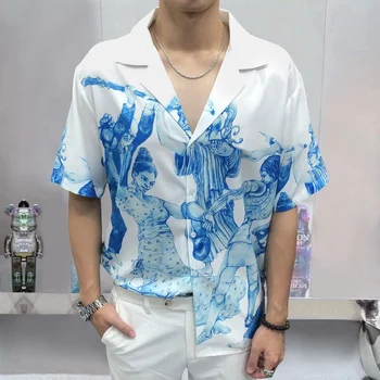קיץ גברים מקרית החולצה אמנות מופשטת דיוקן דפוס הדפסה שרוול קצר אופנת רחוב Camisa Masculina Moda גבר