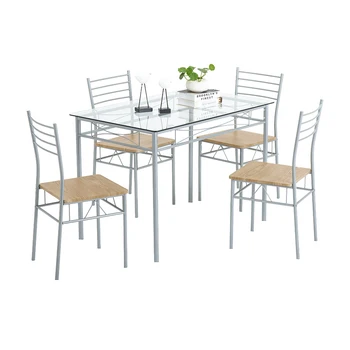 5 חלקים שולחן האוכל ערכות שולחן מטבח 4 מתכת MDF עץ כסאות מלבניים פשוטים פינת אוכל שולחן זכוכית כסופה