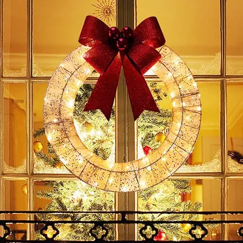 2023 חג המולד זר מתכתי זוהר זר חג המולד עם Bowknot גדול חם אורות חג המולד דלת הכניסה הביתה מסיבת תלוי דלת