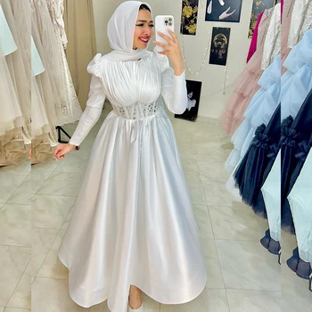 מוסלמי לבן שמלות חתונה עבור הכלה גבוהה צוואר ארוך שרוולים באורך קרסול קו סאטן שמלות כלה גלימות de mariée