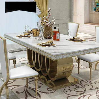 מודרני משיש שולחן האוכל והכיסאות שילוב רגלי מתכת נירוסטה העליון כתר הדירה הזהב Mesas ריהוט מגולף
