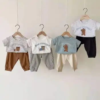 הקיץ בסיס חולצת טי של הילדים ללבוש קריקטורה דוב מודפס צוואר עגול Pullovers חמוד רך עם שרוולים קצרים, מקסימום עבור התינוק בנות