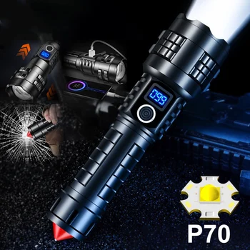 פנס XHP70 LED טלסקופ לפיד מתח גבוה תאורת חירום נטענת USB 4500mAh סוללה הזנב פטיש עמיד למים