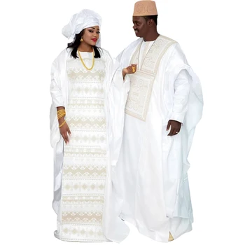 אפריקה שמלות לזוגות מסורתיים Bazin רקמה שמלות באורך רצפת שמלה עם צעיף כמה עיצוב