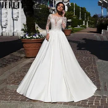 JEHETH אלגנטי סאטן קו שמלות כלה 2024 וינטג ' מלא שרוולים שמלות כלה רוכסן אפליקציות Vestido De Noiva בהזמנה אישית