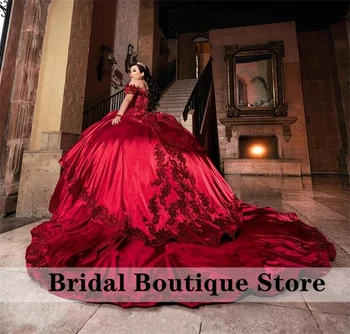 אדום שמלת נשף שמלת קינסאנךרה עם קשת נצנצים אפליקציות קריסטלים חרוזים מתוק 16 להתלבש Vestidos דה-15 שנים שמלת החתונה