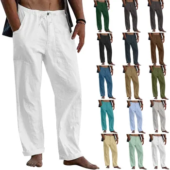 טבעי מכנסי פשתן, לגברים עכשווי נוח איכותי רך פשתן כיס צבע טהור מכנסי פשתן בגדי גבר