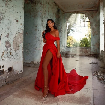אלגנטי אדום שמלת נשף שמלות ערב כתף אחת בלי שרוולים גבוהה שסף באורך רצפת קפלים נשף שמלות ערב בהזמנה אישית