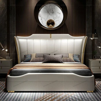 מודרני עור יוקרתי, מיטת חדר השינה פשוטה מיטה זוגית בבית נורדי פרימיום מצופה זהב