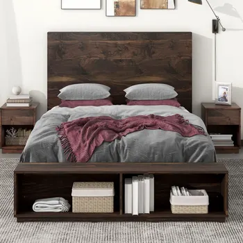 קווין סייז עץ פלטפורמה מיטה עם אחסון הספסל, אגוז מקורה ריהוט חדר שינה