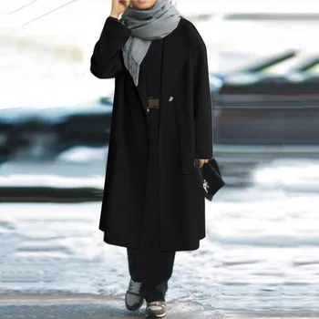 הגירסה הקוריאנית אופנה נשים מקרית מוצק צבע רופף ארוך שרוולים כיס גבירותיי אלגנטי מעיל חורף Balck עבה צמר מעיל