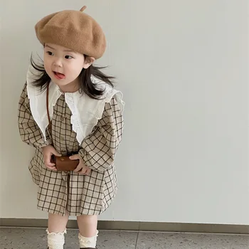 חדש 2023 סתיו סגנון קוריאני בנות תינוק צבעוני מודפס שמלת בגדי ילדים החלוק ילדים כותנה פשתן ארוך השרוול שמלות