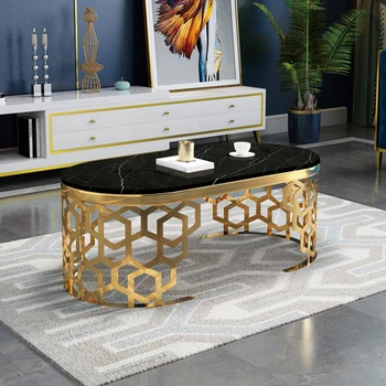 נירוסטה אור יוקרה טיטניום מצופה זהב סגלגל קפה שולחן סלון מודרני פשוט שיש