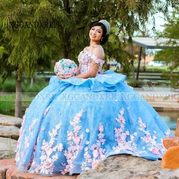הכדור הכחול שמלת קינסאנךרה שמלות 2024 מקסיקו Vestido De 15 שנים Quinceañeras ואגלי מתוק 16 קווינס מסיבת יום הולדת פרחים