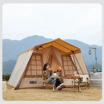 חלל גדול משפחתית יוקרה אוהל קמפינג 5-8 אדם ויניל עבה אטים לגשם Windproof בד טיולים אוהל חיצוני