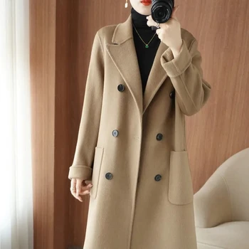 2023 סתיו/חורף חדש קוריאני נשים דו צדדי קשמיר מעיל כפול עם חזה חופשי 100%מעילי צמר נשי מזדמן מעיל ארוך