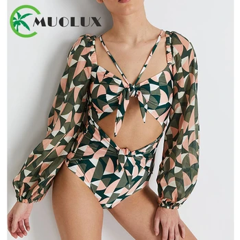 MUOLUX 2023 הבציר V עמוק חתיכה אחת של בגדי שרוול ארוך בגדי ים נשים בגד ים ברזילאי הדפסה הקיץ Beachwear Monokini