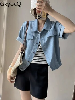 GkyocQ שרוול קצר ג 'ינס ג' קט חדש תלבושות קיץ אופנה מתאימים דש צווארון בציר הנשי קוריאני בגדים לנשים עליונים